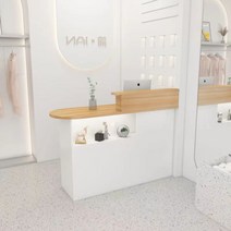 인포메이션 데스크 조명 진열장 카운터테이블 안내 인포 프론트 상담 포스기 계산대, 화이트+라이트월넛 [왼쪽 높은 플랫폼]
