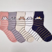 비비드컬러 여자 빼꼼 줄무늬 동물 캐릭터 중목 양말 5color