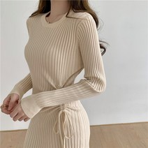 슬림핏 셔링 리본 골지니트 롱원피스