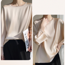 여름새틴블라우스 여성 칠부 쿨링블라우스 여성 라운드 블라우스 9부 소매 루즈핏 슬림핏 셔츠