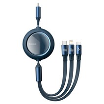 베이스어스 CAMLC 브라이트 미러 3in1 멀티 고속 충전 데이타 케이블 100W 5단길이조절 5핀 8핀 C타입, 블루