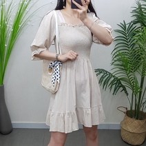 제이후 여름 반팔 스퀘어넥 스모크 밴딩 슬림 A라인 프릴 플레어 예쁜 미니 린넨 원피스