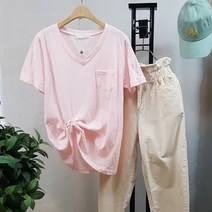 상상그이상 여성용 슬라브면 무지 브이넥 포켓 반팔티셔츠 얇은반팔 데일리티 시원한 반팔티