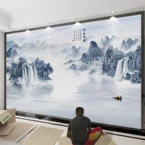산수화 뮤럴 벽지 3d 서재 거실 벽화 인테리어 디자인, 32D 미러 마이크로크리스탈 그릴, 벽지+전용풀