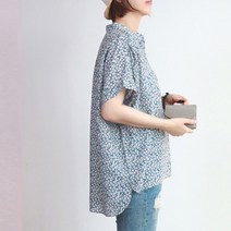 펑키줄리안 여성 여름 반팔 루즈핏 아사면 잔꽃 블라우스