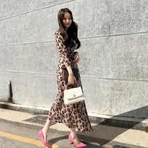 호피무늬 레오파드 롱 원피스 캐주얼 니트 슬림 원피스