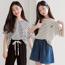 미니로이 마리 남아 여아 공용 주니어 스트라이프 반팔 티셔츠