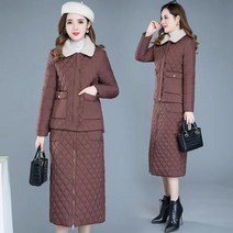 여성 누빔 퀄팅 패딩 자켓 스커트 투피스 하프 다운점퍼 상하복 세트