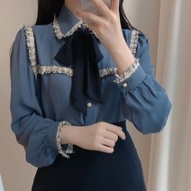 왕리본블라우스 여성흰남방 가을 귀여운 나비 넥타이 탑 프레피 스타일 빈티지 일본 디자인 버튼 우아한 정장 색 셔츠