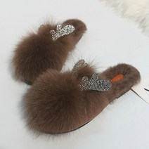 겨울 양털 슬리퍼 가을 새로운 디자인 더블 하트 라인 석 귀 천연 토끼 헤드 기어 플랫 신발 반 드래그 여성 신발