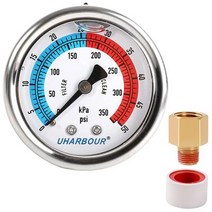 UHARBOUR 수압 게이지 글리세린 충전 관개 수영장용 0-50 PSI/350KPA 테스트 게이지 5.1cm(2인치) 다이얼 1/8NPT 연결용 씰 테이프 및 스레드 어