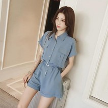 Momolatti 여성 하이웨이스트 점프수트 여름 반팔 반바지점프수트