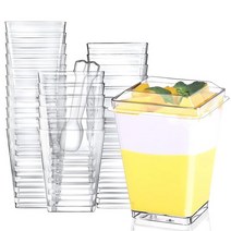 Eupako 100팩 141.7g(5온스) 정사각형 투명 플라스틱 디저트 컵 플라스틱 뚜, 100 Cups+100 Lids+100 Spoons
