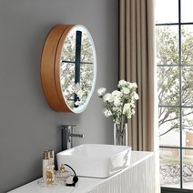 욕실슬라이드장 원형 거울수납장 화장실 거울 상부장, 직경 500, (조명) 원목 슬라이딩형