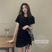 Makone 상표등록 여름 스키니 리틀 드로우 스트링 주름 스파이스 걸스 힙합 슬림-적합 허리 블랙 캐주얼 스트레이트 드레스 어린이
