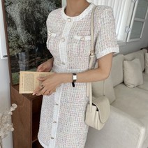 여름 반팔 파스텔 단정한 하트 단추 트위드 짧지않은 아나운서 하객 라운드넥 원피스