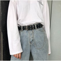 여성 2단 와이드 펀칭 벨트 더블 홀 허리띠 펑키 실버 체인 쎈언니 믹스매치 포인트