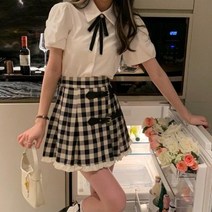 여름 새로운 격자 무늬 주름 치마 활 셔츠 투피스 미니 스커트