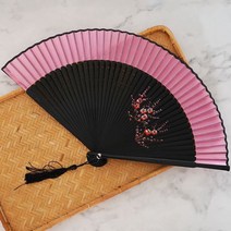 고풍 일식 대나무 손잡이 부채 손 으로 매화 비단 부채 춤 부채 그물 빨 간 부채, 1번