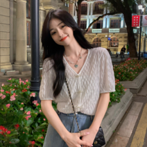 여름 미니멀한 디자인 리본 셔링 브이넥 얇은 반팔 셔츠적삼