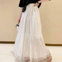 봄 허리 밴딩 밑단 레이스 셔링 캉캉 맥시 스커트