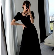 Momolatti 블랙 허리 홀터넥 스퀘어넥 미디원피스