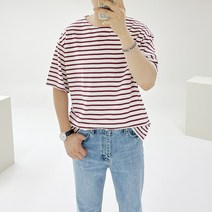 아도르클래식 버키 스트라이프 단가라 커플 룩 여름 면 반팔티