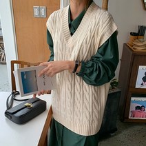 로로텐 꽈배기 브이넥 니트 조끼 레이어드 여성 빅사이즈