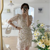 네쥬 여성 여름 브이넥 플라워 반팔 미니 랩 원피스