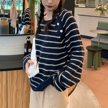 스타일아유 울 버튼 배색 단가라 나그랑 스트라이프 니트 스웨터 티 가을 겨울 캐주얼 데일리 2컬러