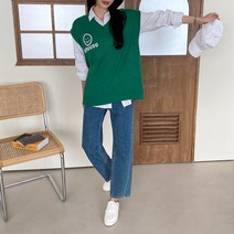 가을 스쿨룩 심플룩 캐주얼 데일리 치즈 스마일 패턴 브이넥 니트 조끼 베스트