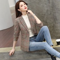 Momolatti 여성용 슬림한 슬림핏 앤디크 체크 자켓