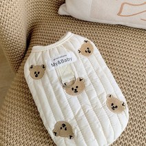 까마느 강아지 곰돌이 자수 패딩 조끼 하네스 대형 소형 히트텍 기모 실내복 점퍼, 아이보리 M