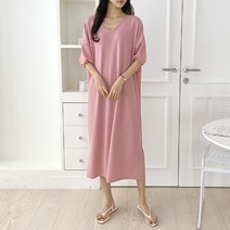 쉬이즈홈 22SS 빅사이즈 V넥 7부소매 X끈 롱원피스(3Color)(55~88)