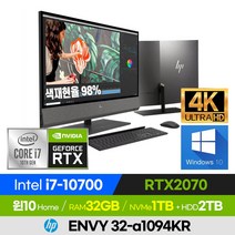 [외장하드+한컴 증정!] HP ENVY 일체형PC 32-a1094KR 고사양 고성능 전문가용 영상편집 게이밍 윈도우10 32인치 올인원PC (코어i7-10700/RTX2070), 블랙, 코어i7, 3072GB, 32GB, 윈도우 홈