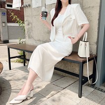 [린넨30/세트상품] 코코 어깨패드 린넨 반팔 숏자켓 + 밴딩 롱스커트 투피스 set 3color