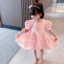 유블리 아동 체크무늬 퍼프 소매 캉캉 원피스 와이즈