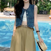 데님 라운드 크롭 베스트 5302