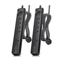 2팩 파워 스트립 서지 프로텍터 - 넓은 간격의 콘센트 5개 USB 충전 포트 3개 1875W/15A 1 8m(6피트) 브레이드 연장 코드 플랫 플러그 과부하 보호 홈 오피스용 벽, 6 피트