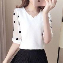 땡땡이블라우스 이쁜 메쉬 쉬폰 블라우스 패치워크 캐주얼 셔츠 반팔 폴카 도트 프린트 오넥 상의 봄 여름291957