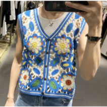 손뜨개 펀칭 레이스 조끼 레이스 여름 가디건 니트 베스트 봄가을 레이어드룩 여성 소녀