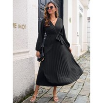 린넨 아일렛 봄 여름 가을 원피스 V넥 주름 쉬폰 드레스 여성용 큰 밑단 긴 소매 레이디 겨울 사이즈 S ~ XL 블루 블랙