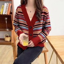 은창)스트라이프 컬러 배색 버튼 니트 가디건 아우터