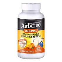 Airborne 1000mg 비타민 C 츄어블 정제 아연 강력한 항산화제 A E 함유 면역 지원 보충제 - 200 감귤류 맛, 116개(1팩)