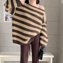 스트라이프 언밸 오프숄더 니트 티셔츠 C33989t
