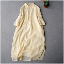 여성 여름 복고풍 7부 소매 자수 린넨 원피스