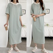 여름 데일리 캐주얼 기본 심플룩 스트라이프 단가라 반팔 오버핏 77사이즈 후드 롱 원피스