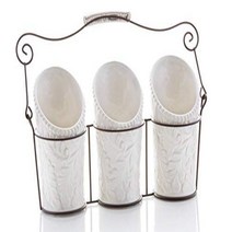Kitchen Utensil Holders (4 Pieces) - 3 Ceramic Utensil Crocks (4” Dia x 7” H each) 1 Metal Caddy -