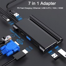 서피스독 멀티 USB허브 영상 분리 스플리터 surfact pro8 4K 8K type c 도킹 스테이션 to hdmi 4k usb 3.0 vga 마이크로소프트 호환, 7 in 1 블랙