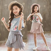 베비포 여아용 로즈 반팔티 리본 치마 상하복 세트 S2497